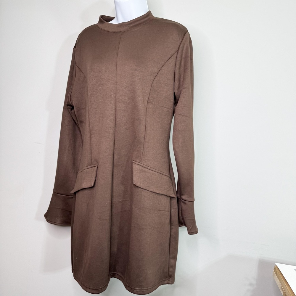 OFEEFAN Dress Womens XL Brown Mock Neck Bell Sleeve Sheath Pockets Short Length